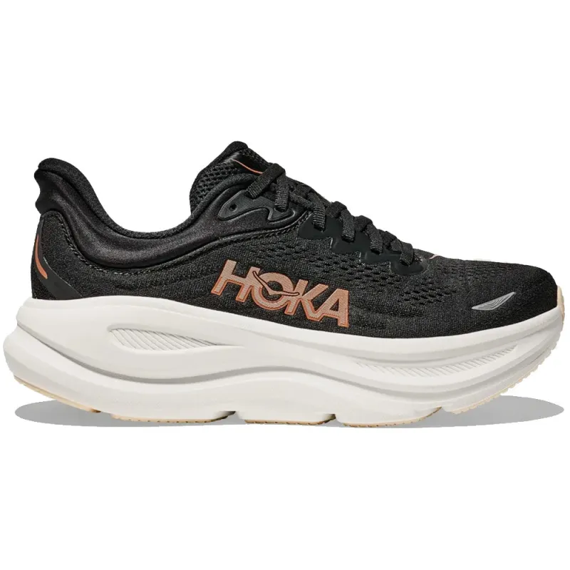 HOKA | Women's Bondi 9 'Black / Rose Gold' sold by Hatchet Outdoor Supply Co
