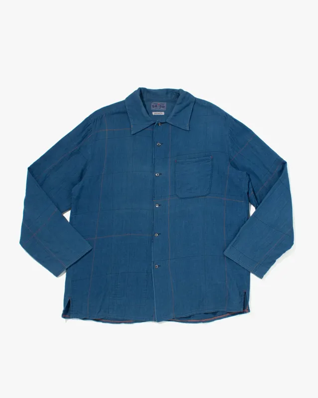 Japanese Repro Button Up Shirt, Blue Blue, Orange Contrast Stitch - M sold by Kiriko