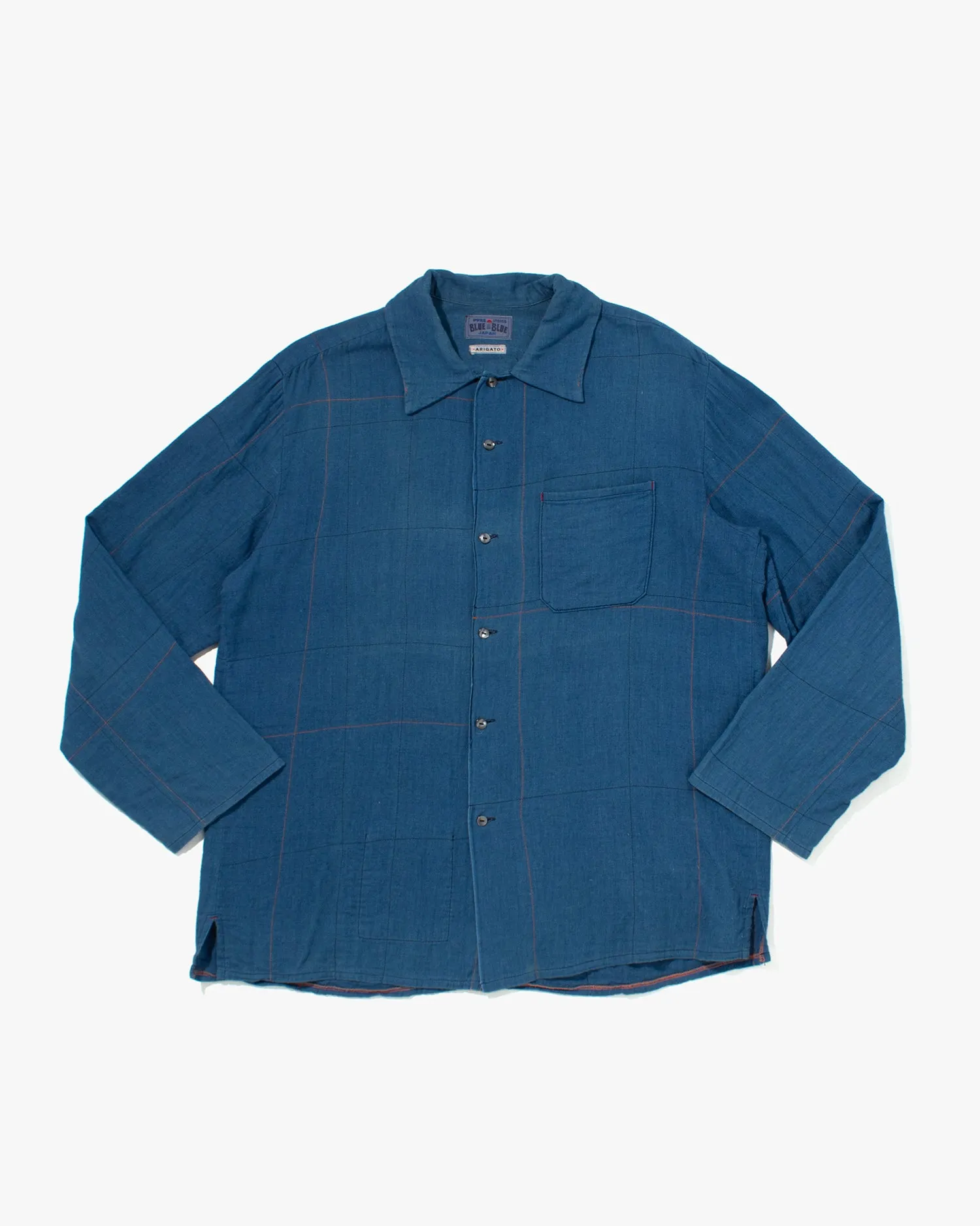 Japanese Repro Button Up Shirt, Blue Blue, Orange Contrast Stitch - M sold by Kiriko