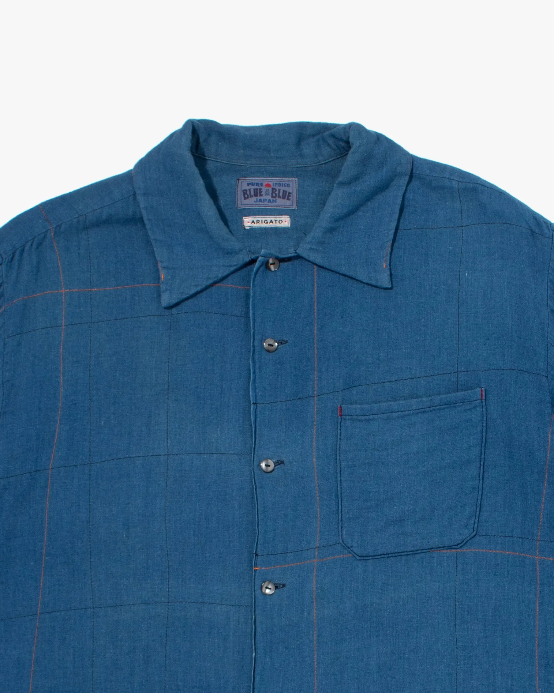 Japanese Repro Button Up Shirt, Blue Blue, Orange Contrast Stitch - M sold by Kiriko product image thumbnail 2