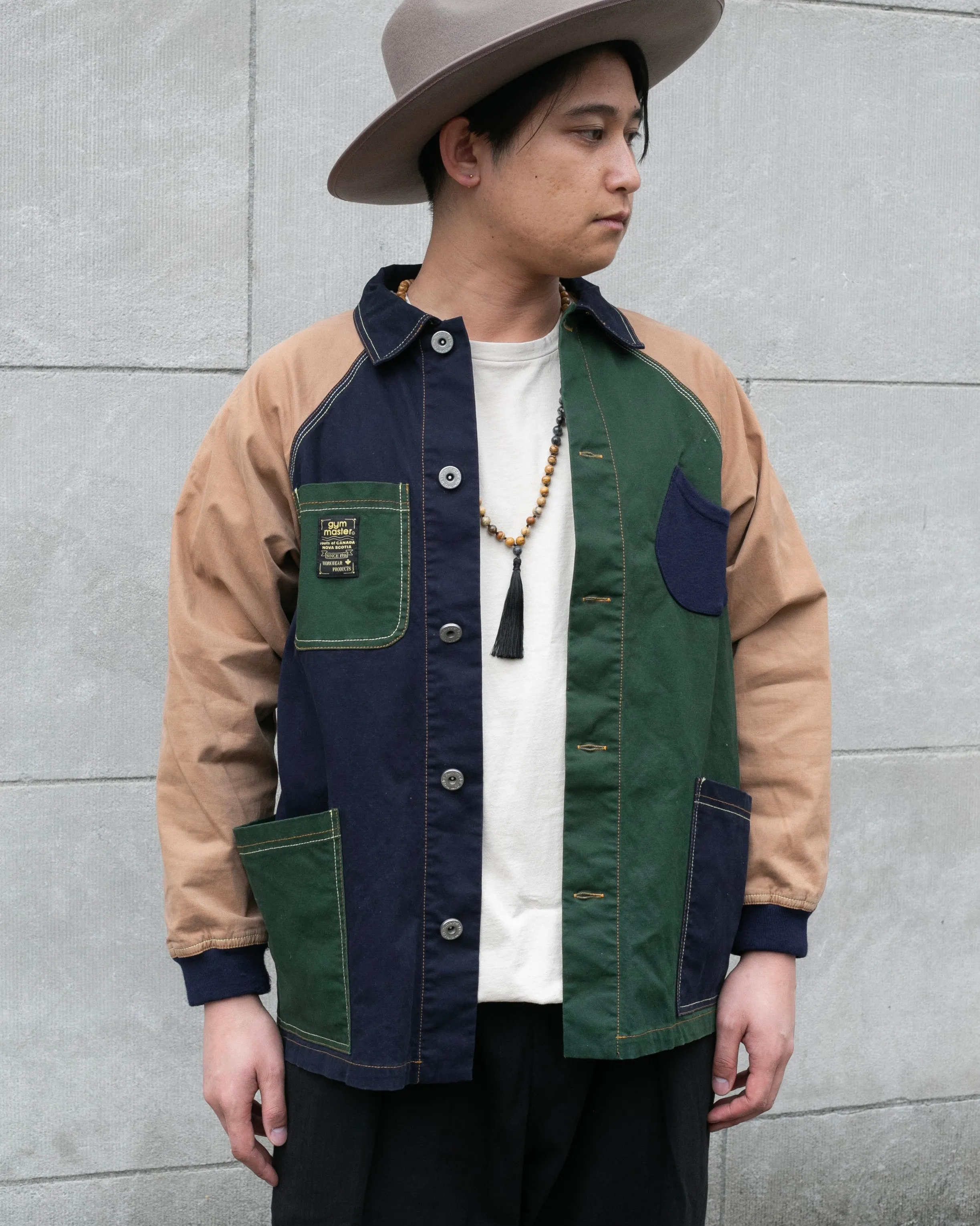 Japanese Repro Button Up Shirt, Gym Master, Green, Tan, and Navy Colorblock - XL sold by Kiriko