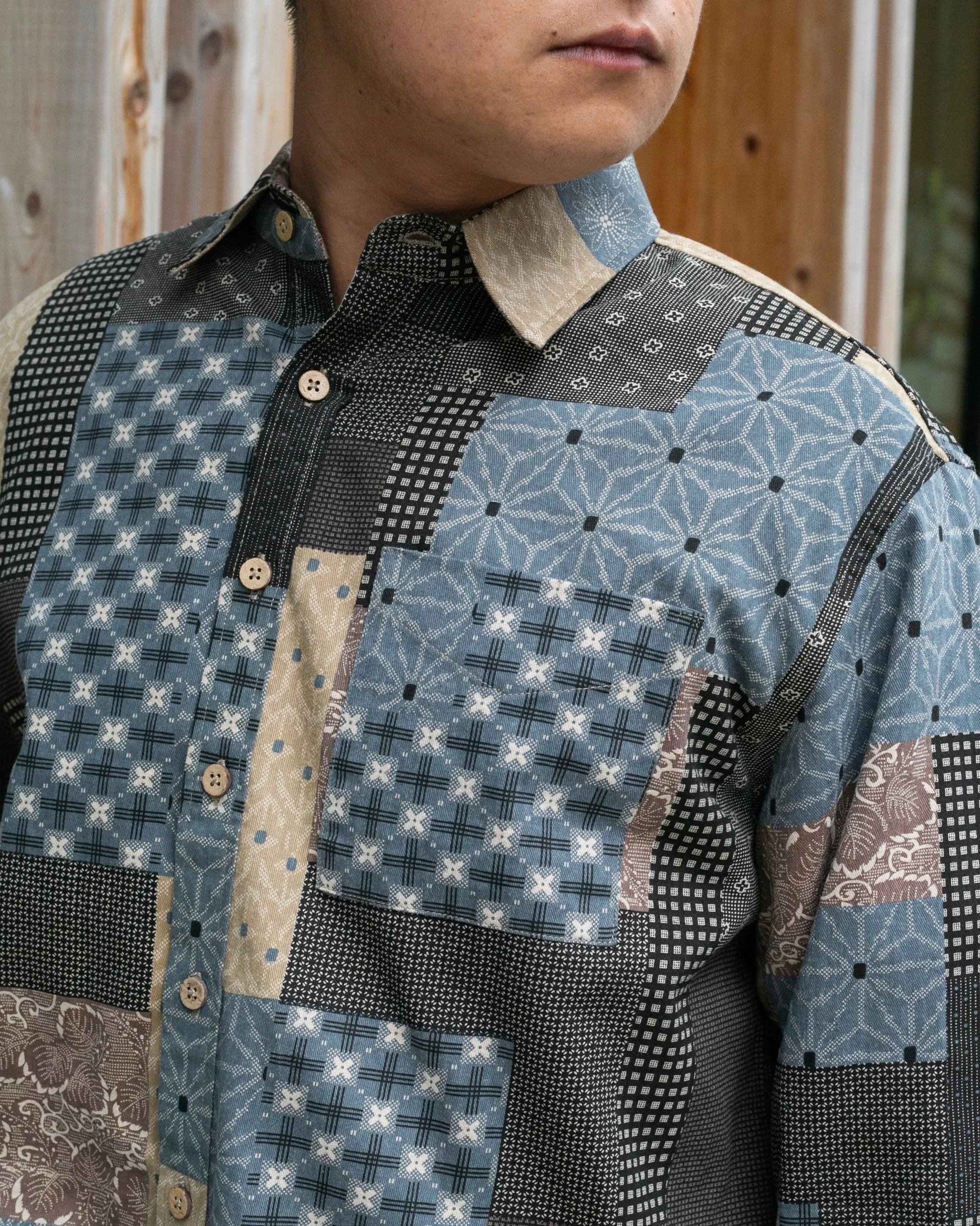 Japanese Repro Button Up Shirt, Change Well, Multi Pattern Patchwork - XL sold by Kiriko product image thumbnail 3