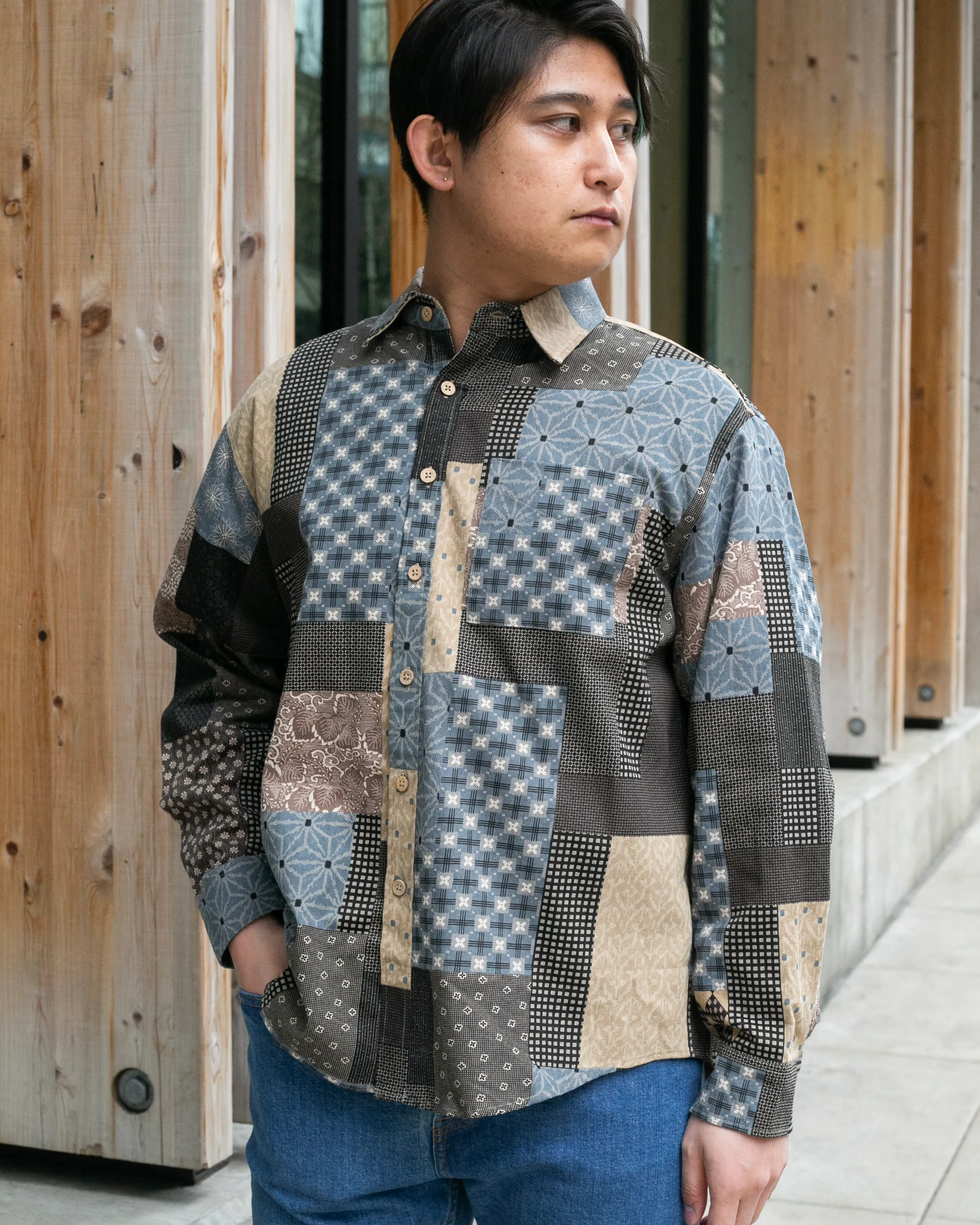 Japanese Repro Button Up Shirt, Change Well, Multi Pattern Patchwork - XL sold by Kiriko