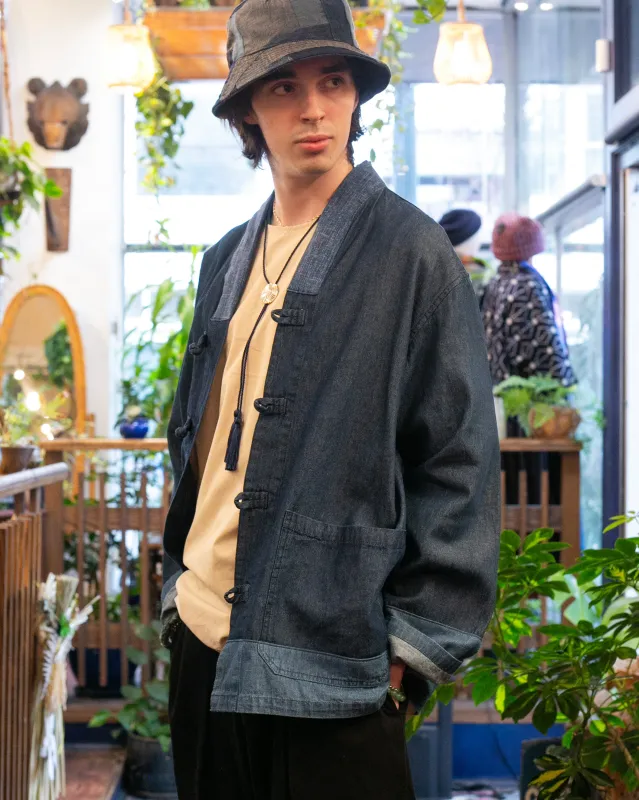Kiriko Original Two Tone Denim Jacket, Mandarin Style, Dark Indigo with Light Indigo sold by Kiriko