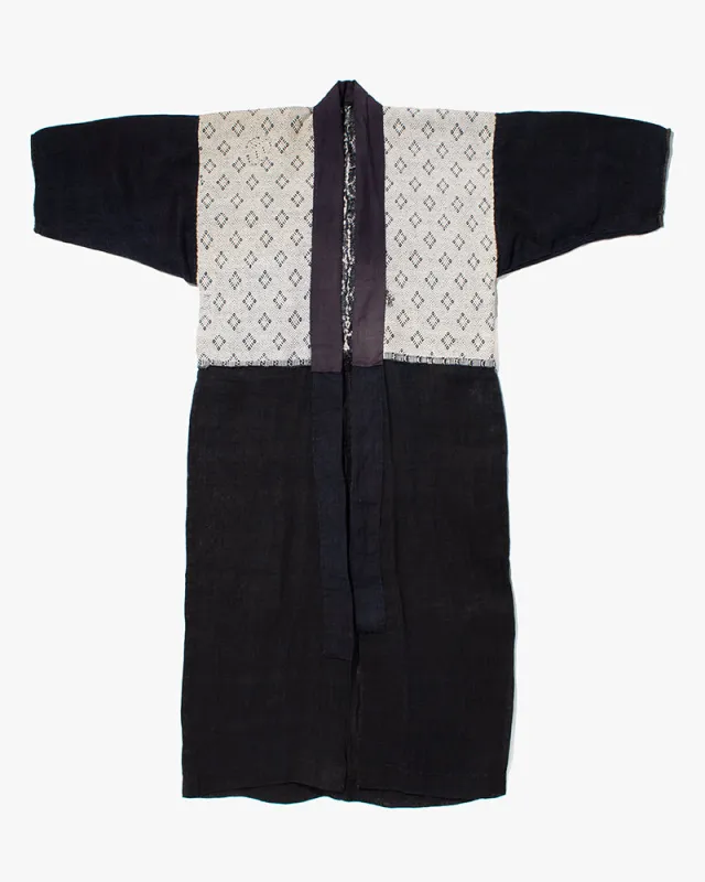 Vintage Noragi Jacket, Partially Sashiko Stitched, Indigo with White Hishi sold by Kiriko