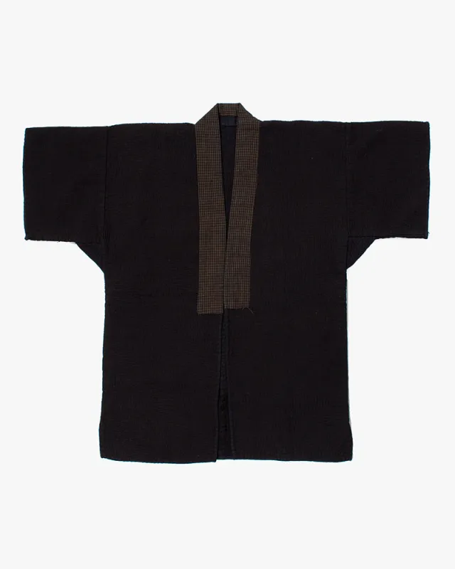 Vintage Noragi Jacket, Fully Sashiko Stitched, Indigo with Grid Collar sold by Kiriko