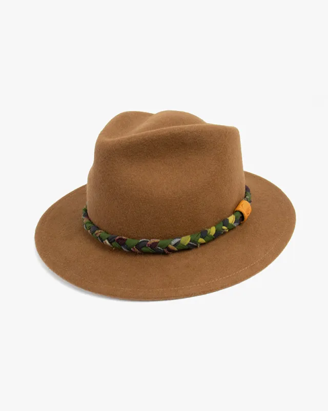 Kiriko Custom Wool Felt Hat, Brown with Braided Boro Fabric, Yellow 108, Green and Indigo sold by Kiriko