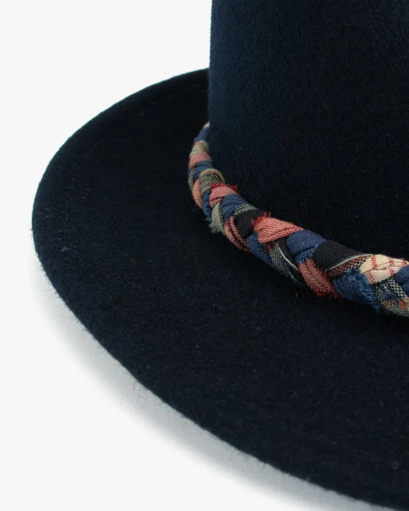 Kiriko Custom Wool Felt Hat, Navy with Braided Boro Fabric, Yellow 108, Blue and Yellow sold by Kiriko product image thumbnail 4