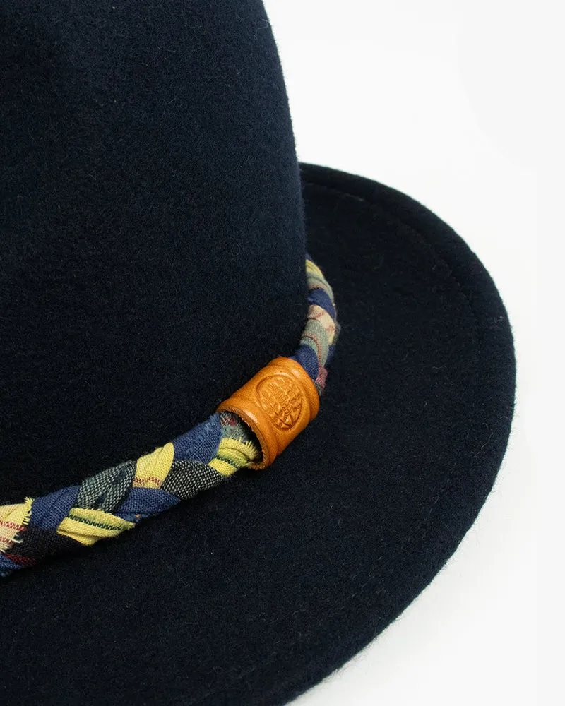 Kiriko Custom Wool Felt Hat, Navy with Braided Boro Fabric, Yellow 108, Blue and Yellow sold by Kiriko product image thumbnail 2