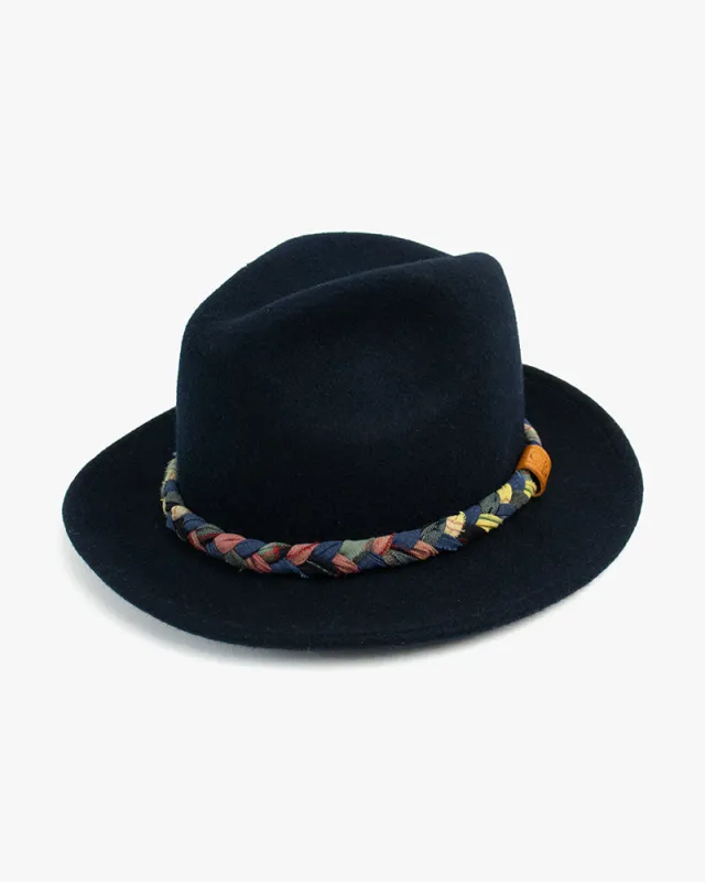 Kiriko Custom Wool Felt Hat, Navy with Braided Boro Fabric, Yellow 108, Blue and Yellow sold by Kiriko