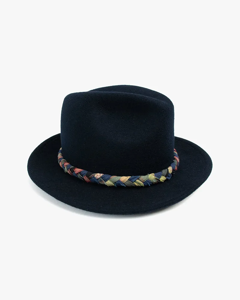 Kiriko Custom Wool Felt Hat, Navy with Braided Boro Fabric, Yellow 108, Blue and Yellow sold by Kiriko product image thumbnail 3