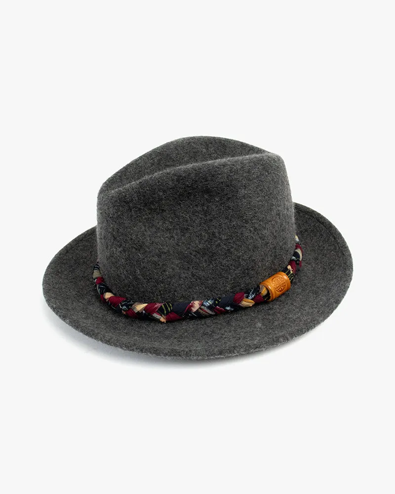 Kiriko Custom Wool Felt Hat, Gray with Braided Boro Fabric, Yellow 108, Red and Navy sold by Kiriko