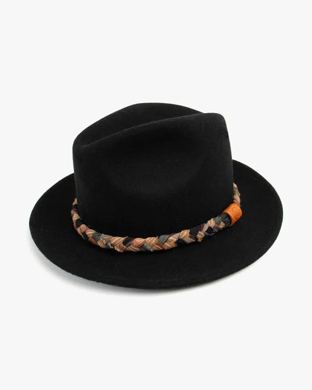 Kiriko Custom Wool Felt Hat, Black with Braided Boro Fabric, Yellow 108, Brown and Indigo sold by Kiriko