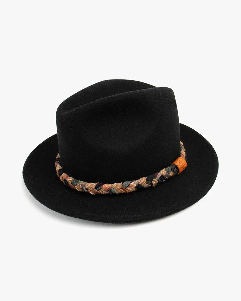 Kiriko Custom Wool Felt Hat, Black with Braided Boro Fabric, Yellow 108, Brown and Indigo sold by Kiriko