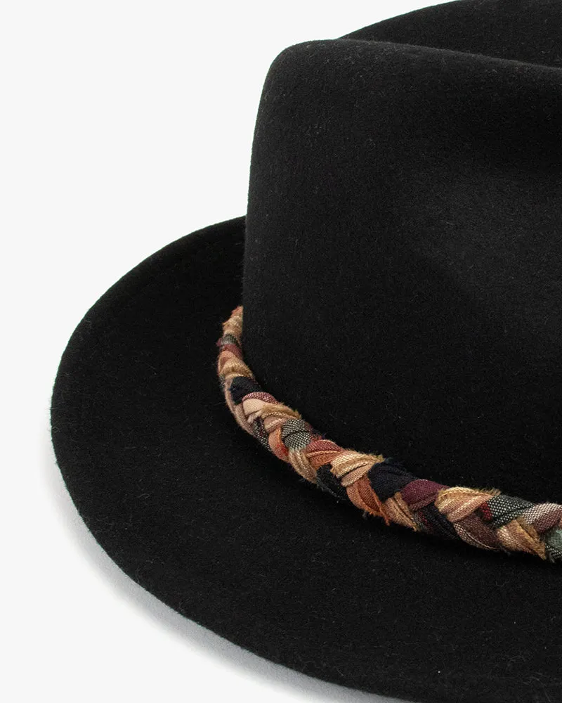 Kiriko Custom Wool Felt Hat, Black with Braided Boro Fabric, Yellow 108, Brown and Indigo sold by Kiriko product image thumbnail 4