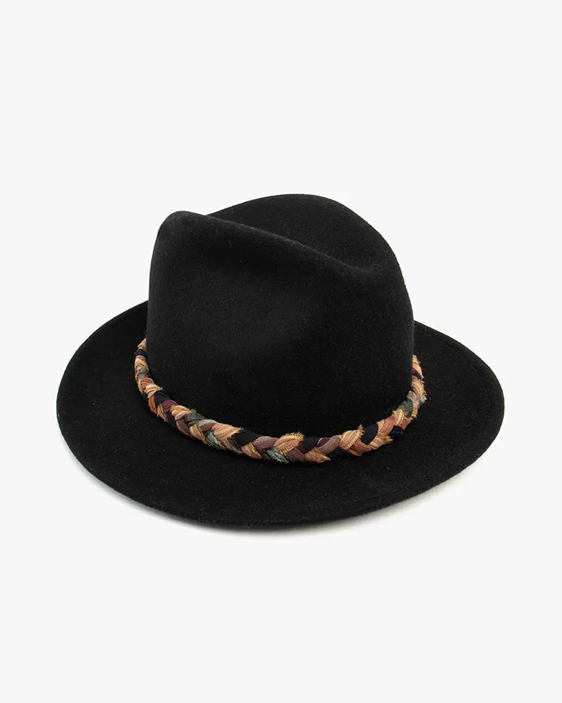 Kiriko Custom Wool Felt Hat, Black with Braided Boro Fabric, Yellow 108, Brown and Indigo sold by Kiriko product image thumbnail 3