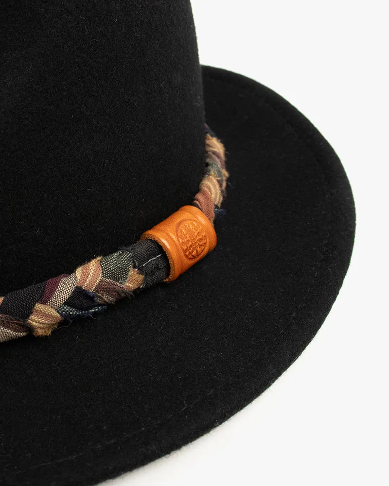 Kiriko Custom Wool Felt Hat, Black with Braided Boro Fabric, Yellow 108, Brown and Indigo sold by Kiriko product image thumbnail 2