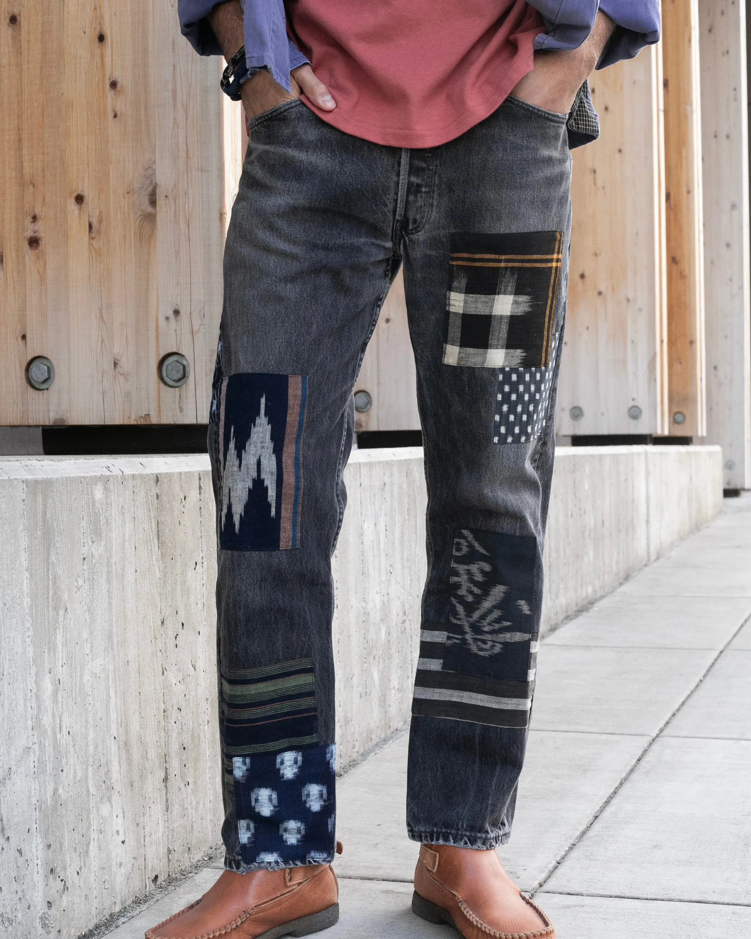 Kiriko Custom Denim Jeans, Patched Vintage Boro, Levi's Brand, Gray Denim with Multicolor Patches - 33 sold by Kiriko