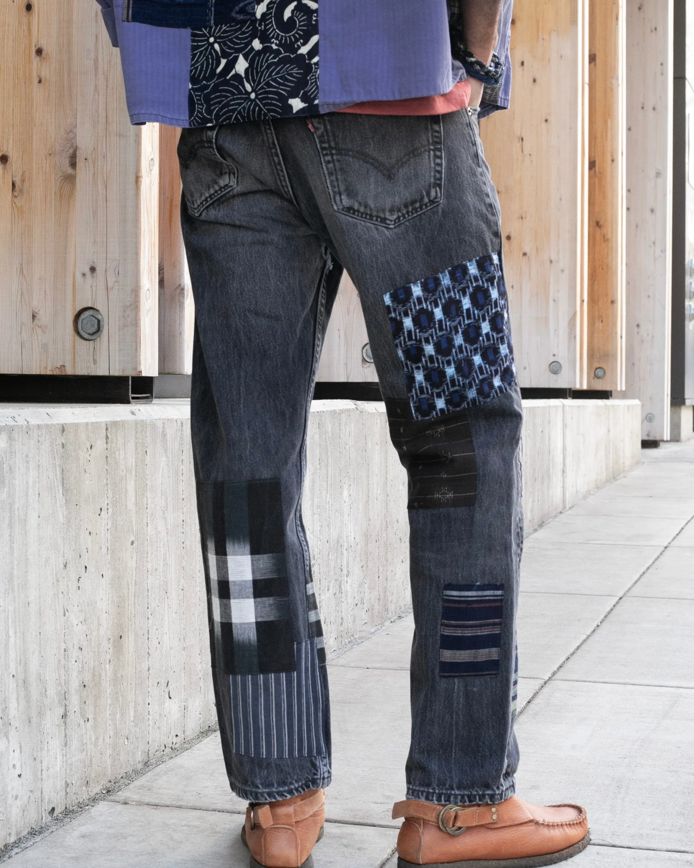 Kiriko Custom Denim Jeans, Patched Vintage Boro, Levi's Brand, Gray Denim with Multicolor Patches - 33 sold by Kiriko product image thumbnail 2