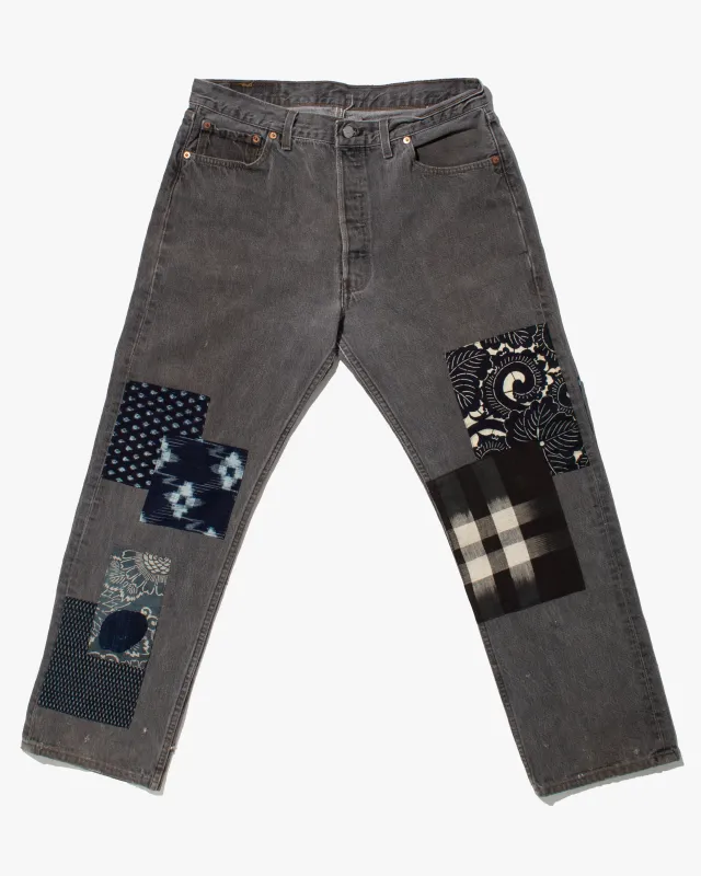 Kiriko Custom Denim Jeans, Patched Vintage Boro, Levi's Brand, Gray Denim with Indigo Patches sold by Kiriko
