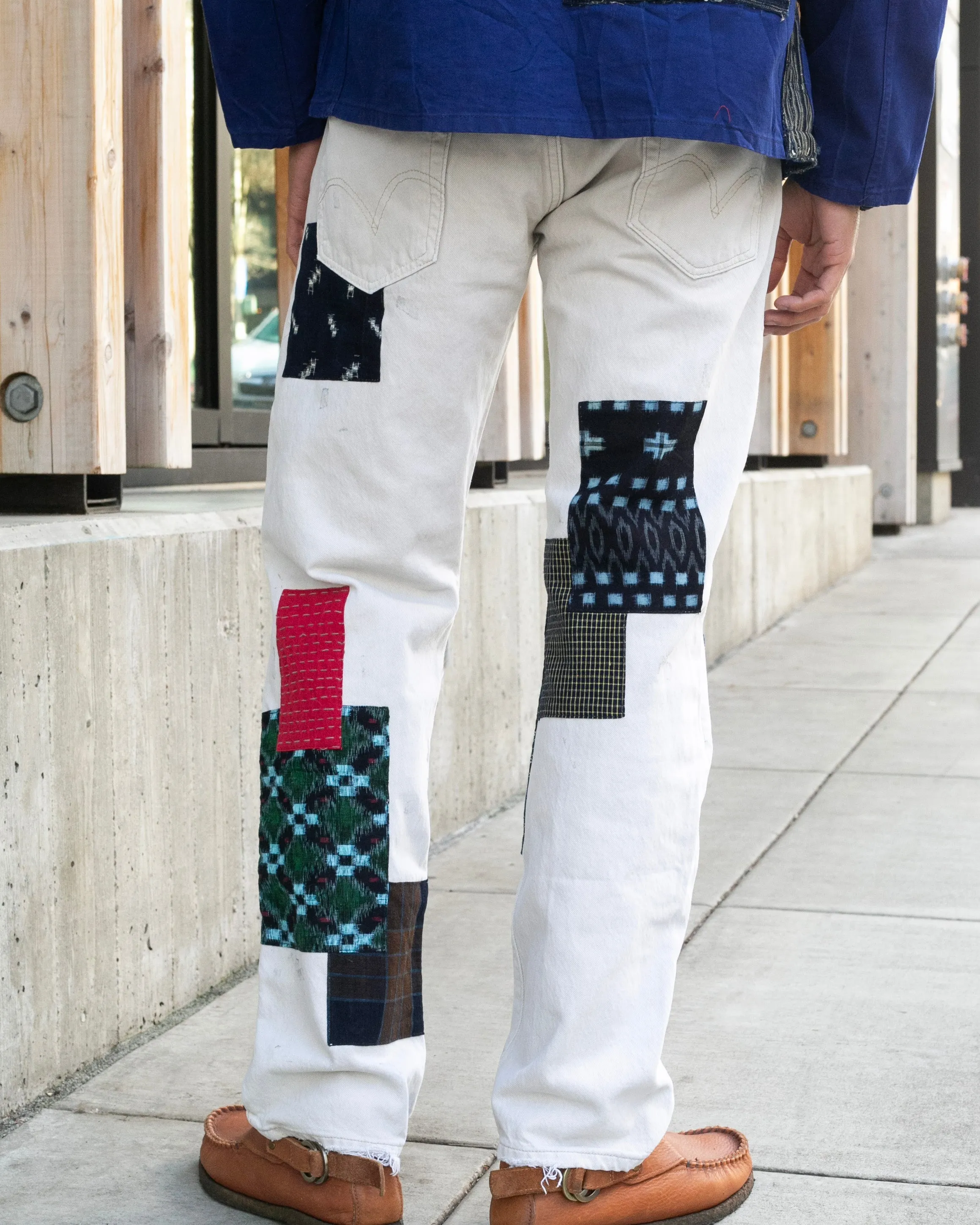 Kiriko Custom Denim Jeans, Patched Vintage Boro, Levi's Brand, Off-White Denim with Indigo and Red Patches - 32 sold by Kiriko product image thumbnail 2