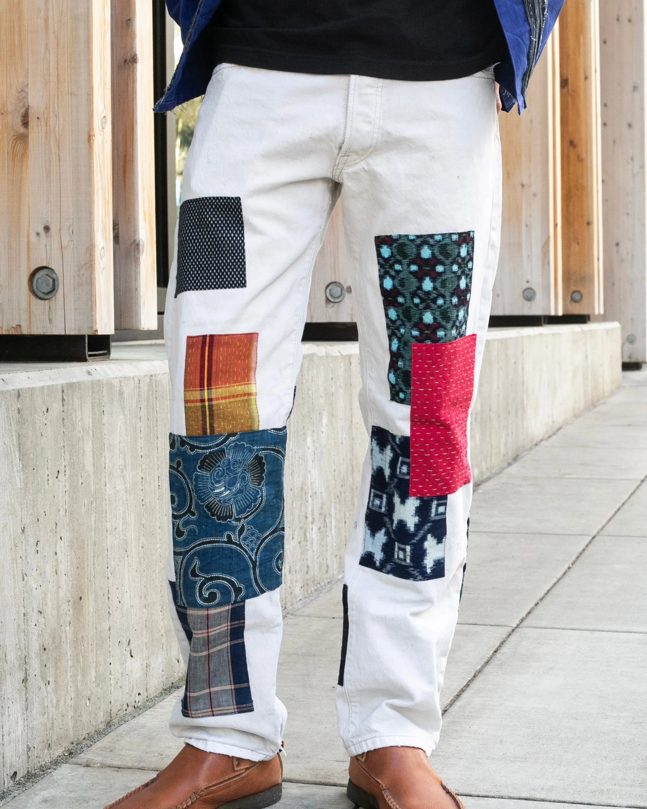 Kiriko Custom Denim Jeans, Patched Vintage Boro, Levi's Brand, Off-White Denim with Indigo and Red Patches - 32 sold by Kiriko