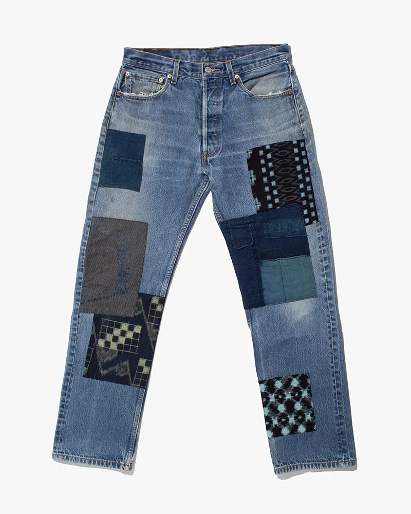 Kiriko Custom Denim Jeans, Patched Vintage Boro, Levi's Brand, Light Denim with Indigo and Multicolor Patches - 33 sold by Kiriko