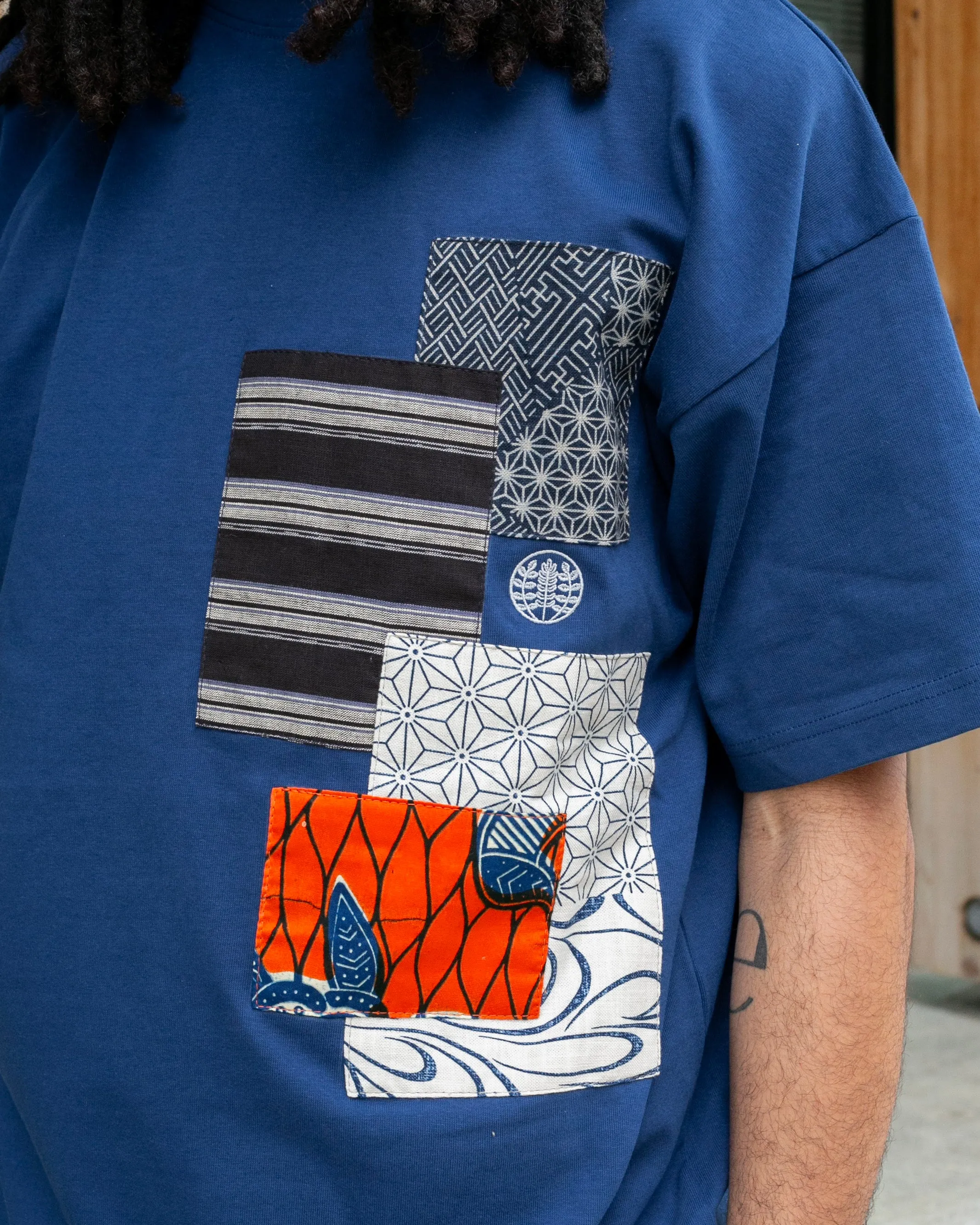 Kiriko Original Tee, 8oz Cotton, Patched Logo Tee, Blue with Cream Asanoha and Orange Accents sold by Kiriko