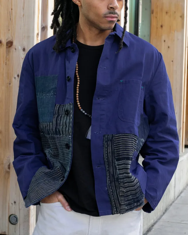 Kiriko Custom, One of a Kind Patched French Workman Jacket, Vintage Kasuri, C sold by Kiriko