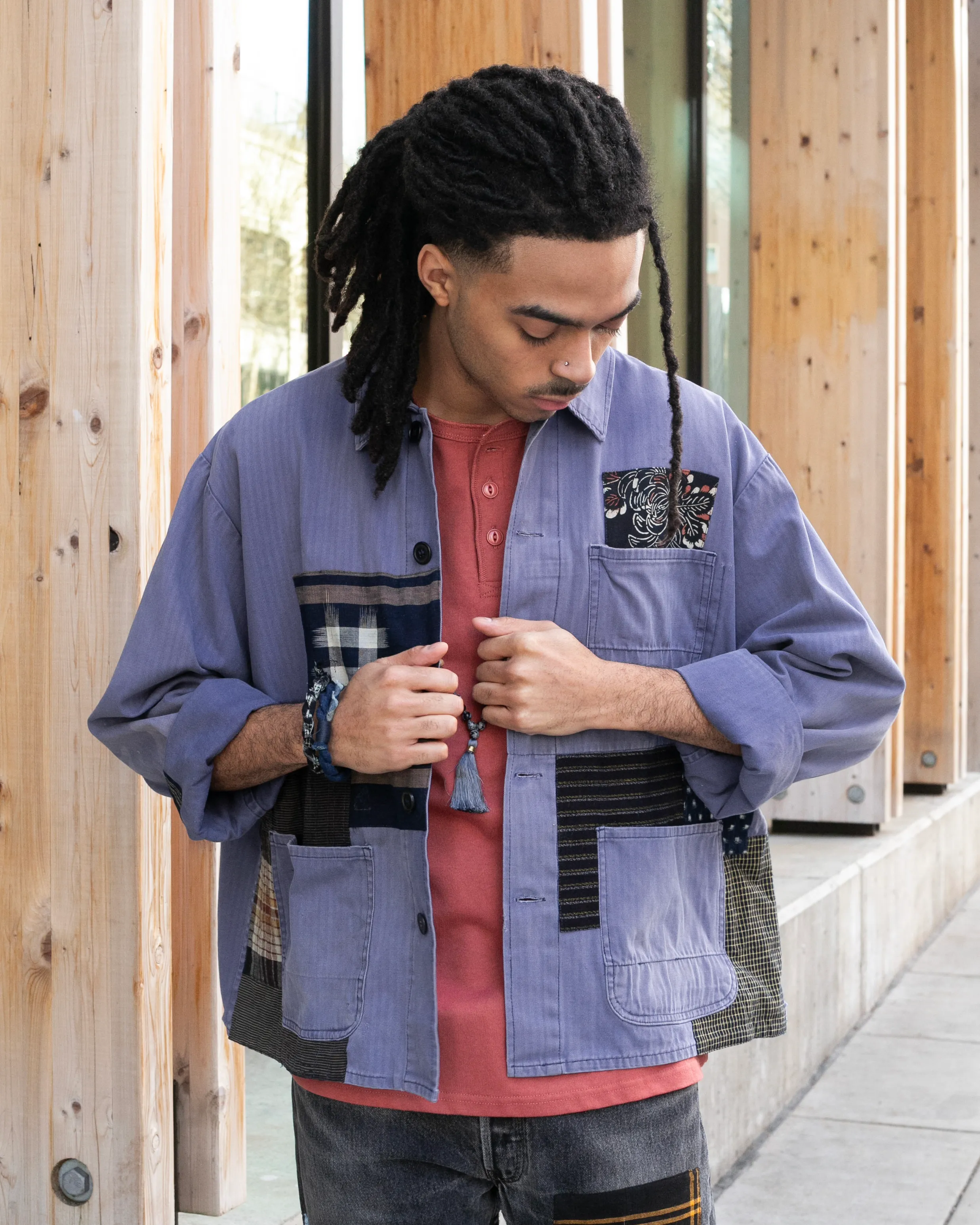 Kiriko Custom, One of a Kind Patched French Workman Jacket, Vintage Kasuri, B sold by Kiriko