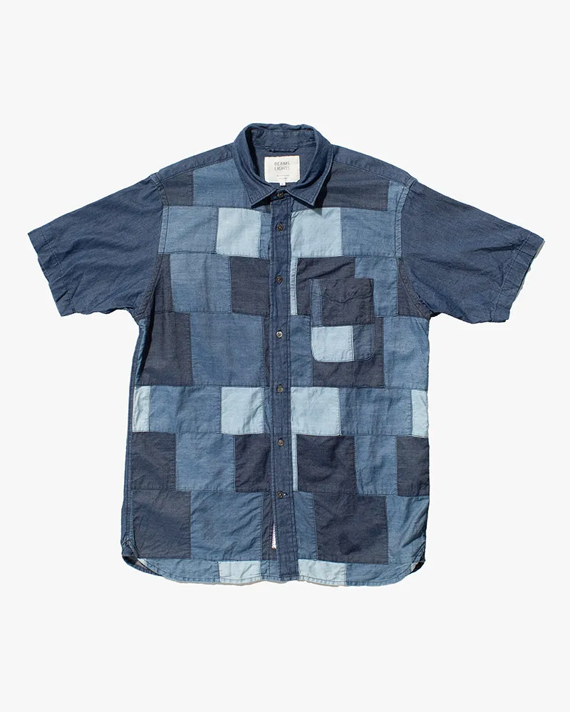 Japanese Repro, Short Sleeve Shirt, Beams Lights, Patchwork Denim- L sold by Kiriko
