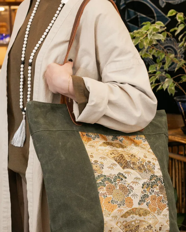 Kiriko Original Waxed Canvas Obi Tote Bag, Green, Gold and Green Scenery sold by Kiriko