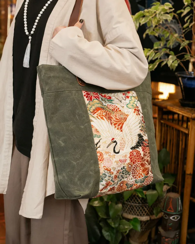 Kiriko Original Waxed Canvas Obi Tote Bag, Green, Red Flowers and Crane sold by Kiriko