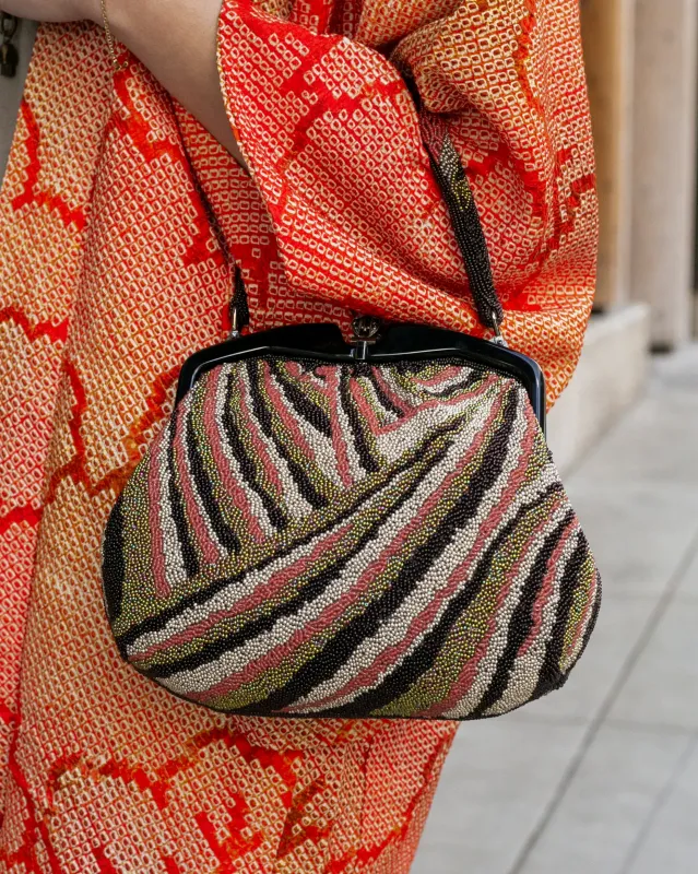 Vintage Bag, Purse, Beaded, Brown, Gold, and Coral Tiger Stripes sold by Kiriko