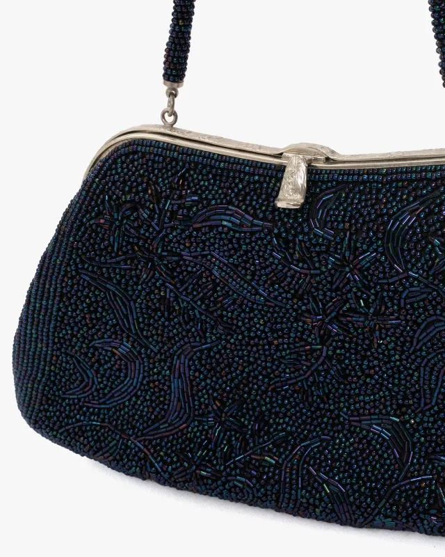 Vintage Bag, Purse, Beaded, Navy with Floral Pattern sold by Kiriko