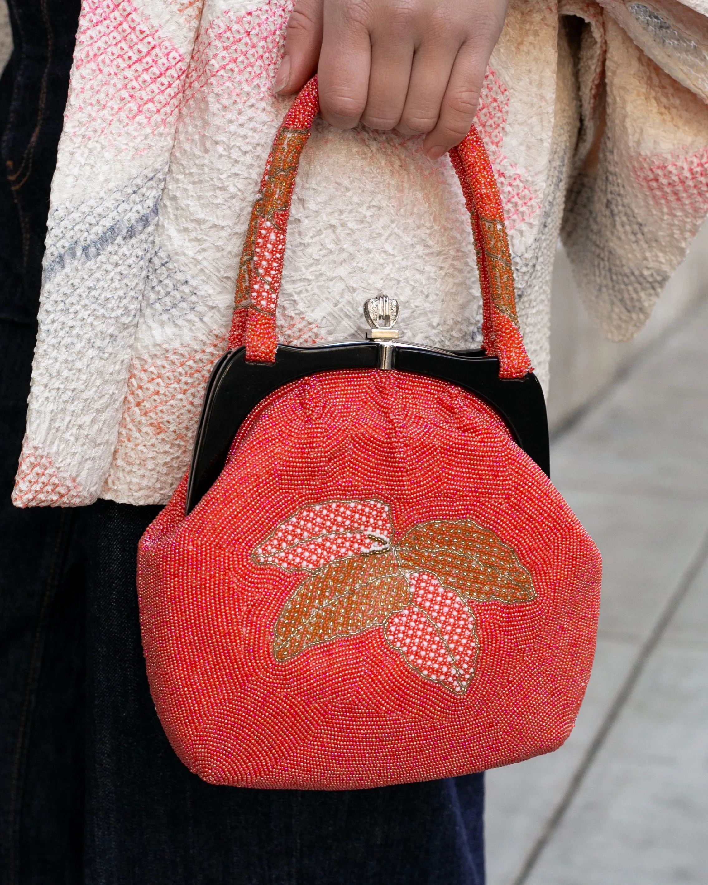 Vintage Bag, Purse, Beaded, Coral with Orange Leaves sold by Kiriko product image thumbnail 3