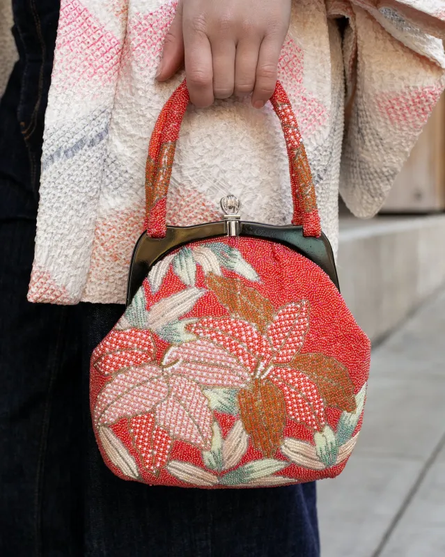 Vintage Bag, Purse, Beaded, Coral with Orange Leaves sold by Kiriko