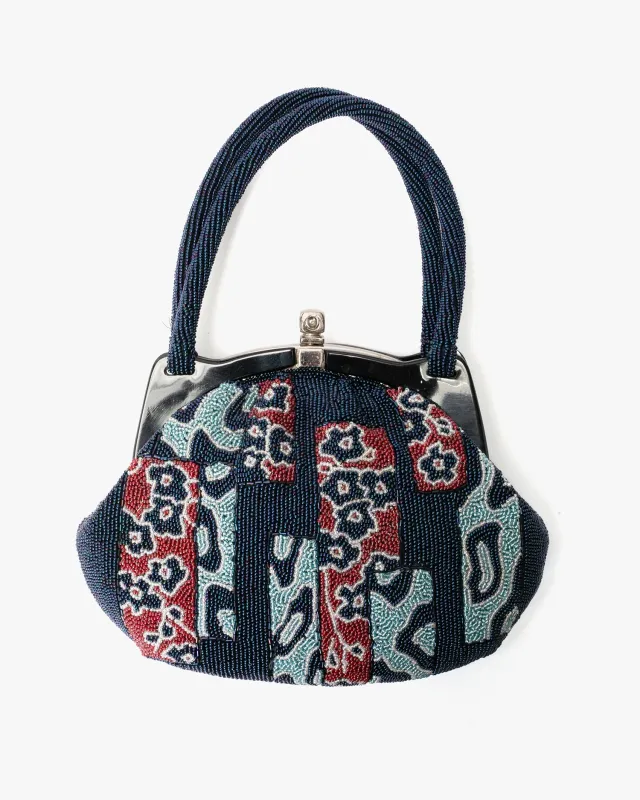 Vintage Bag, Purse, Beaded, Navy with Flowers and Seafoam Abstract sold by Kiriko
