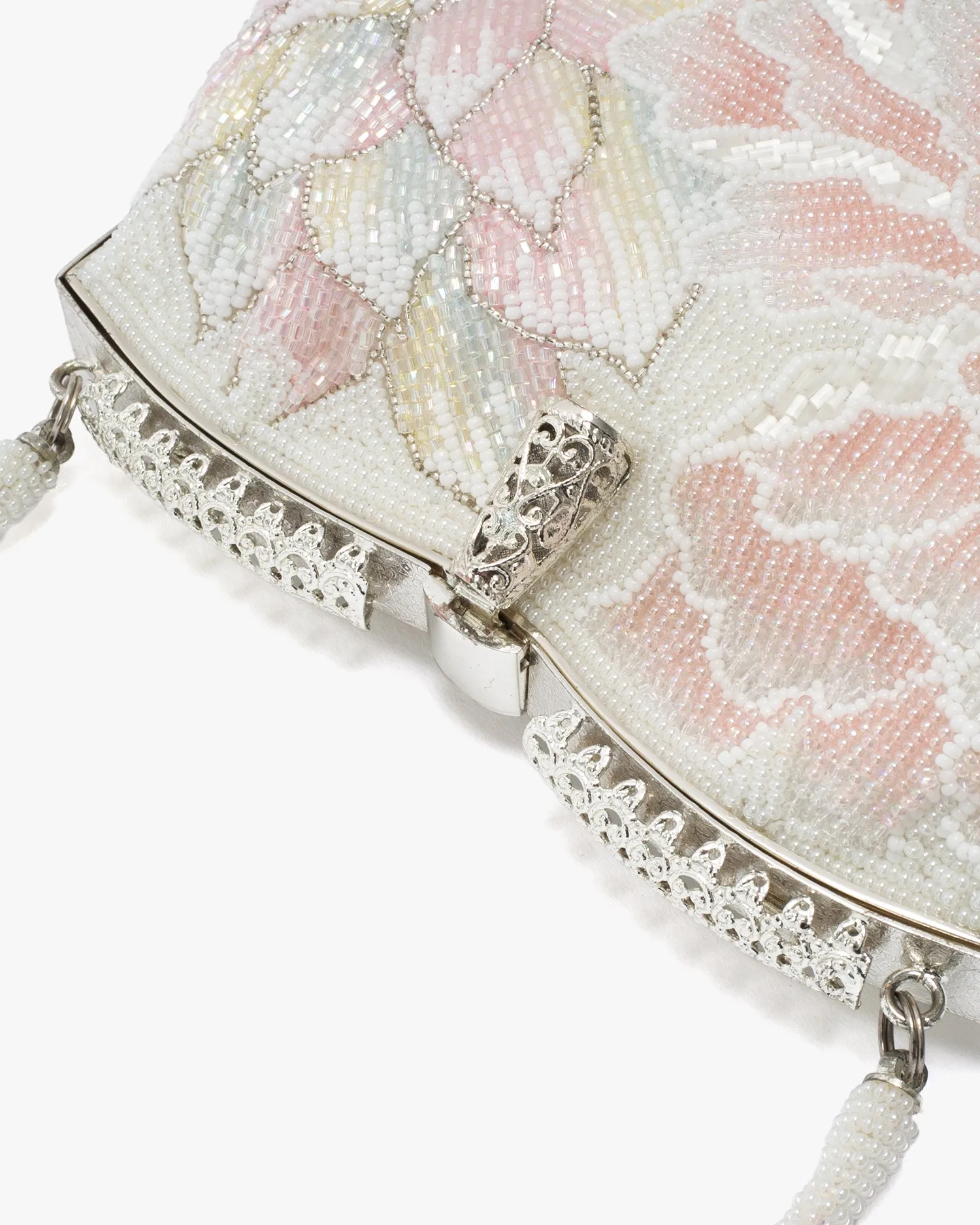 Vintage Bag, Purse, Beaded, White with Pink and Coral Flowers sold by Kiriko product image thumbnail 4