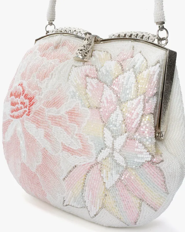 Vintage Bag, Purse, Beaded, White with Pink and Coral Flowers sold by Kiriko