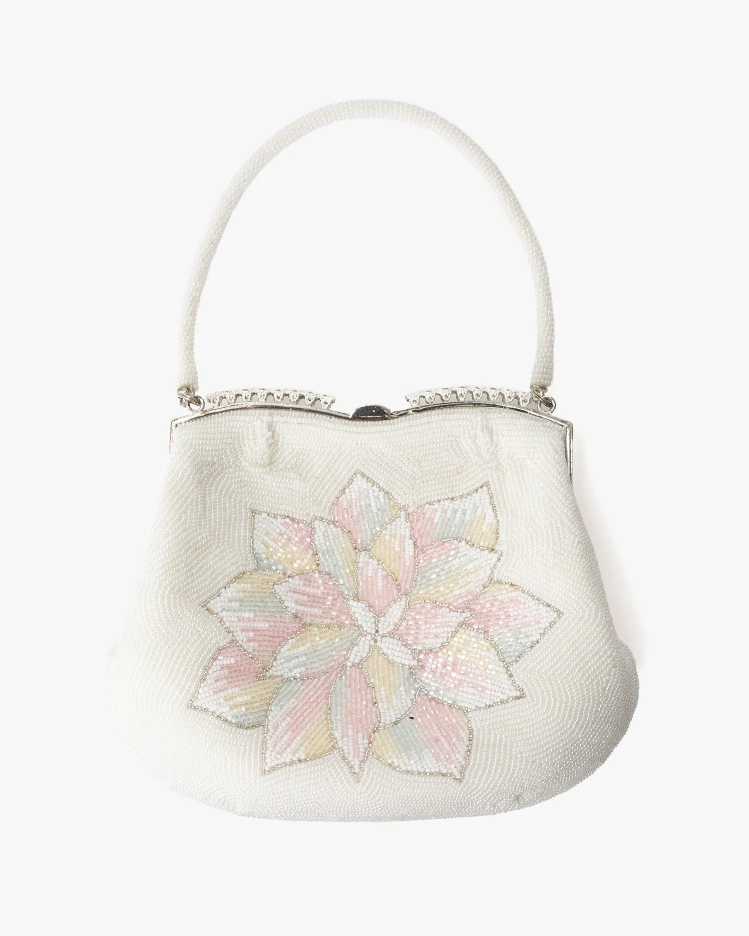 Vintage Bag, Purse, Beaded, White with Pink and Coral Flowers sold by Kiriko product image thumbnail 3