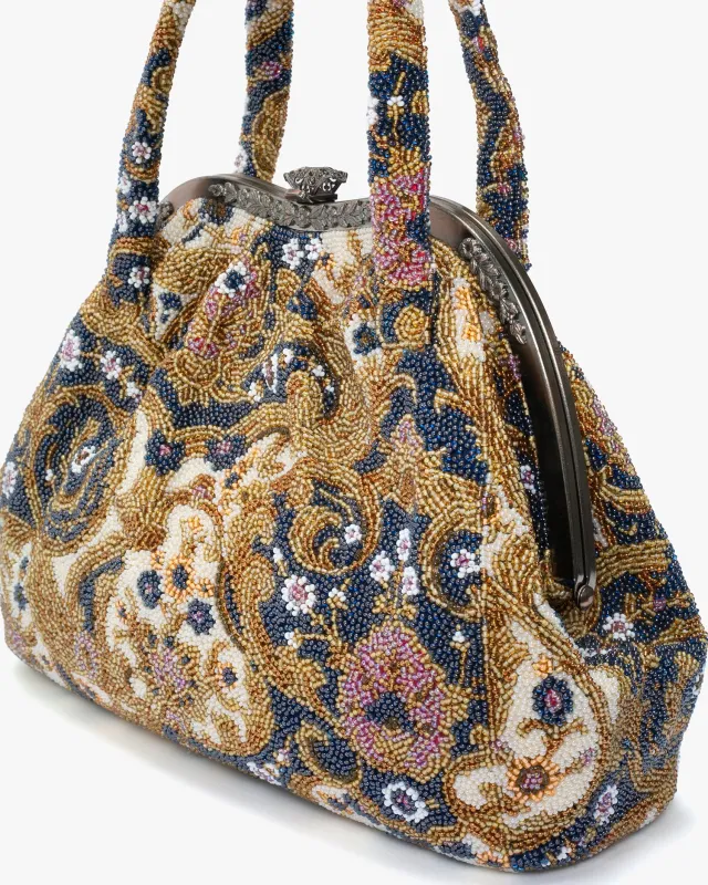 Vintage Bag, Purse, Beaded, Cream with Small Flowers and Gold Abstract sold by Kiriko