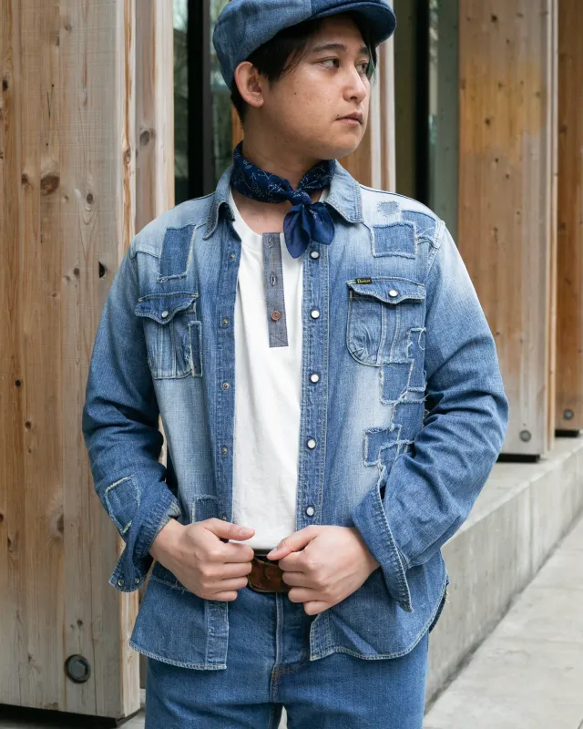 Japanese Repro Denim Shirt, Studio D'Artisan, Distressed Patchwork - sold by Kiriko