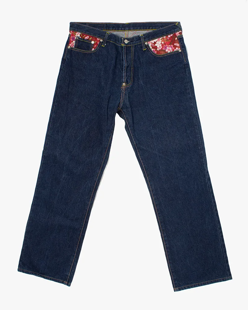 Japanese Repro Denim Jeans, Soul of Koi, Gold Pocket Crest and Sakura Lining - 36" sold by Kiriko