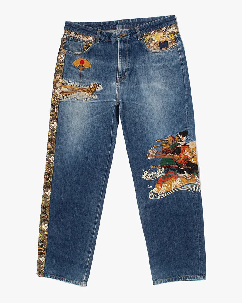 Japanese Repro Denim Jeans, Saikai, River Scene Embroidery and Gold Lining - 36" sold by Kiriko product image thumbnail 2