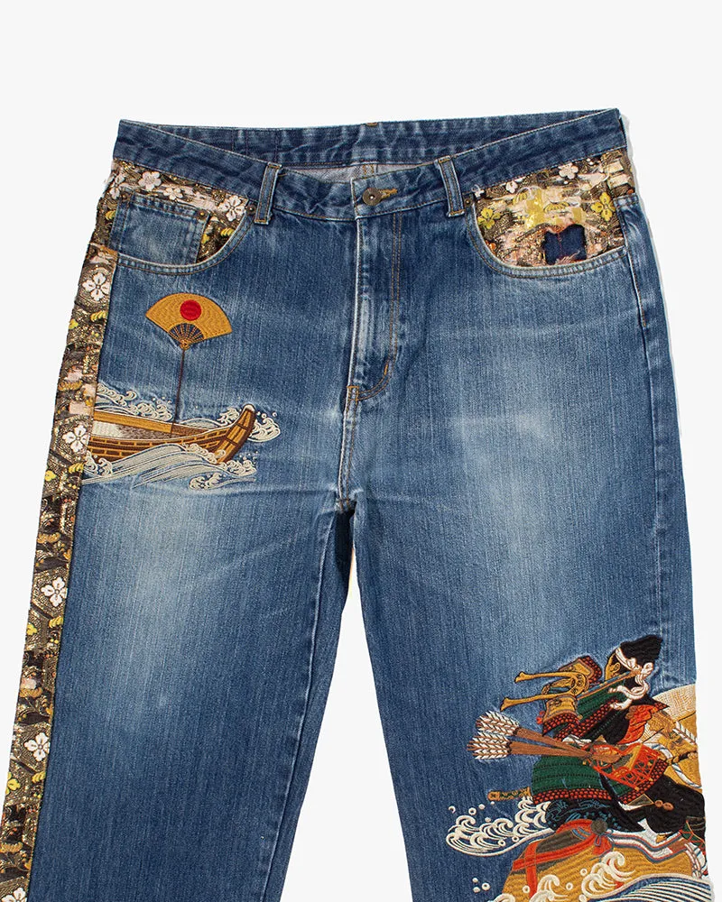 Japanese Repro Denim Jeans, Saikai, River Scene Embroidery and Gold Lining - 36" sold by Kiriko