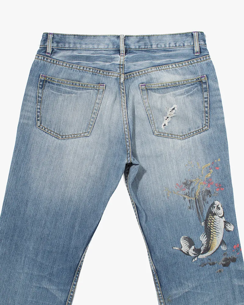 Japanese Repro Denim Jeans, Takeo Kikuchi, Hand-Painted Sakura and Koi - 32" sold by Kiriko product image thumbnail 3