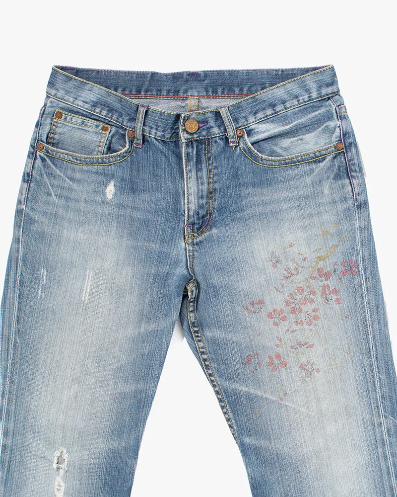 Japanese Repro Denim Jeans, Takeo Kikuchi, Hand-Painted Sakura and Koi - 32" sold by Kiriko product image thumbnail 2