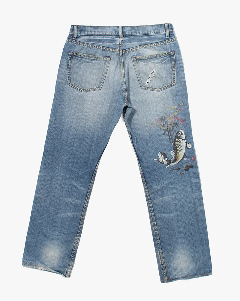 Japanese Repro Denim Jeans, Takeo Kikuchi, Hand-Painted Sakura and Koi - 32" sold by Kiriko product image thumbnail 4