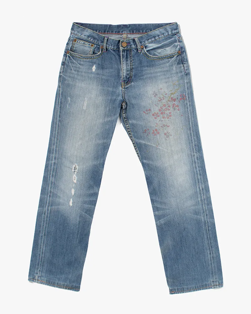 Japanese Repro Denim Jeans, Takeo Kikuchi, Hand-Painted Sakura and Koi - 32" sold by Kiriko